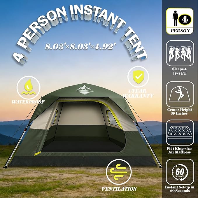 Camping Tent 2/3/4 Person Instant Pop Up Tents for Camping - 40s Automatic Easy Setup Tent with Rainfly, Double-Layer Waterproof & Windproof Instant Tents with Welcome Mat for Camping & Hiking