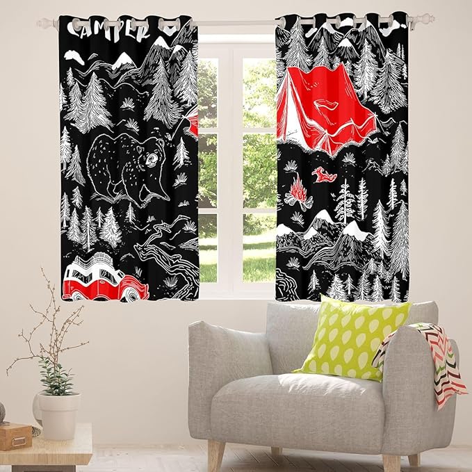 Feelyou Black Camper Camping Blackout Curtains Rustic Farmhouse Bear Darkening Drapes for Bedroom Living Room Decor Camping Theme Thermal Insulated Shades Window Treatments, 2 Panels 42 x 90 Inch