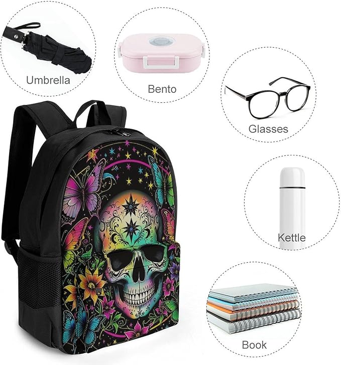 Men Women Polyester Psychedelic Skull Sbutterflies Art Backpack Large Capacity Bookbag With Smooth Zippers for Climbing Picnic Bicycle