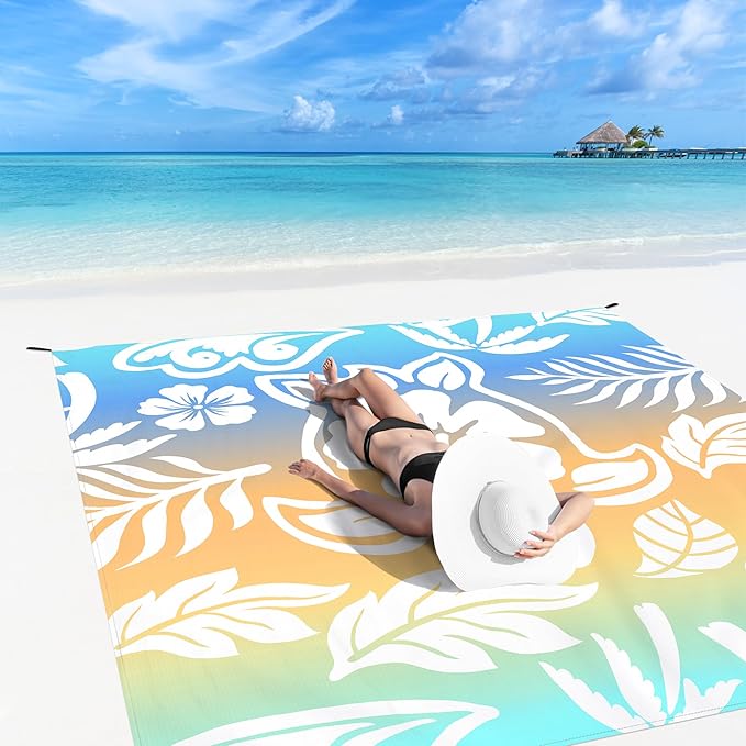 Beach Blanket, 78''×86'' Large Waterproof Sandproof Beach Mat for 2-4 Adults, Lightweight Compact Sand Free Outdoor Picnic Blanket with 4 Stakes & 4 Corner Pockets