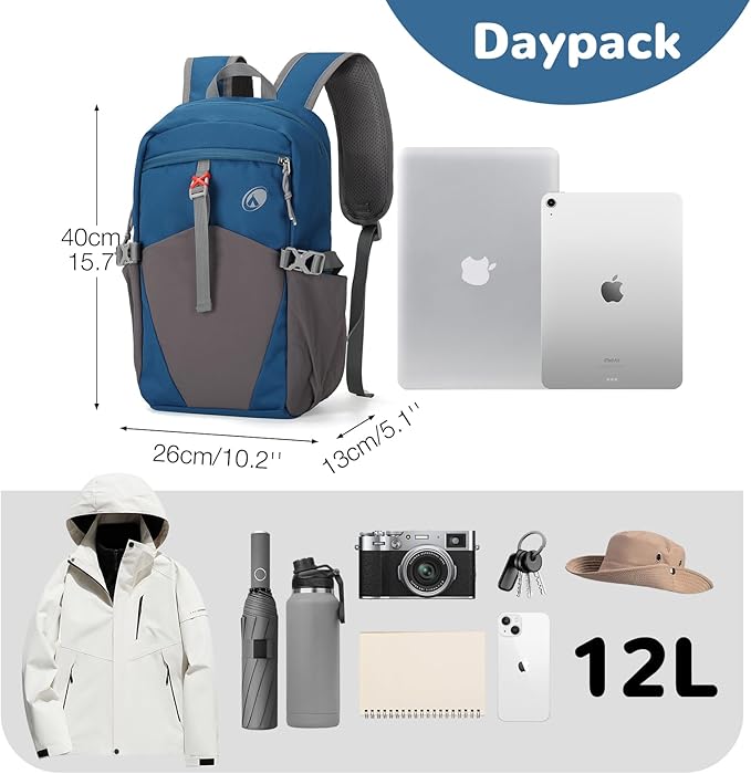 12L Hiking Backpack with Padded Straps for Kids, Waterproof Small Hiking Backpack with Chest Strap for Men, Mini Lightweight Kid Travel Backpacks Day Pack with Phone Pocket, Blue