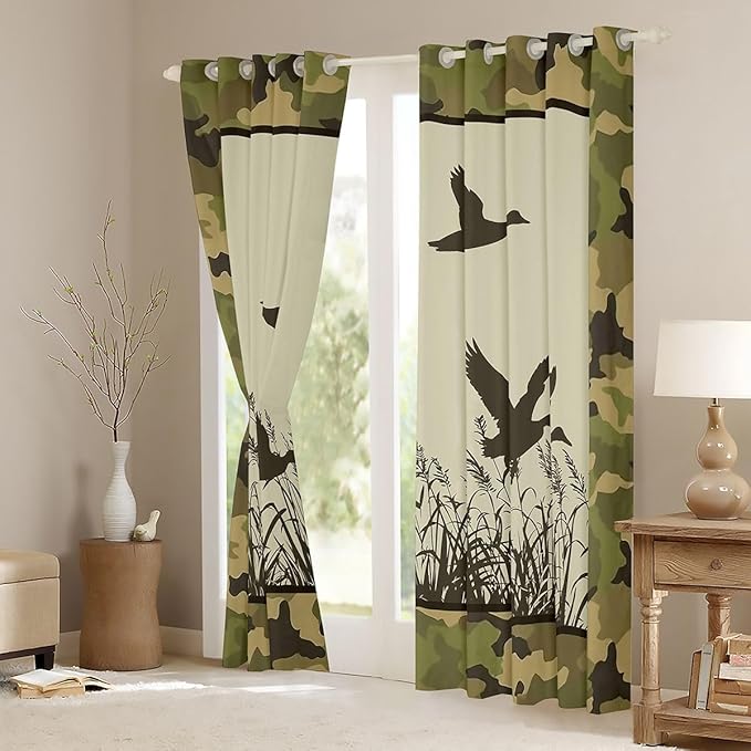 Manfei Mallard Blackout Curtains Wild Duck Green Camouflage Window Drapes,Wildlife Theme Camo Window Treatments,Kids Boys Girls Room Decor,Grommet Top 2 Panel Set Bedroom Curtains, 38Wx45L inch