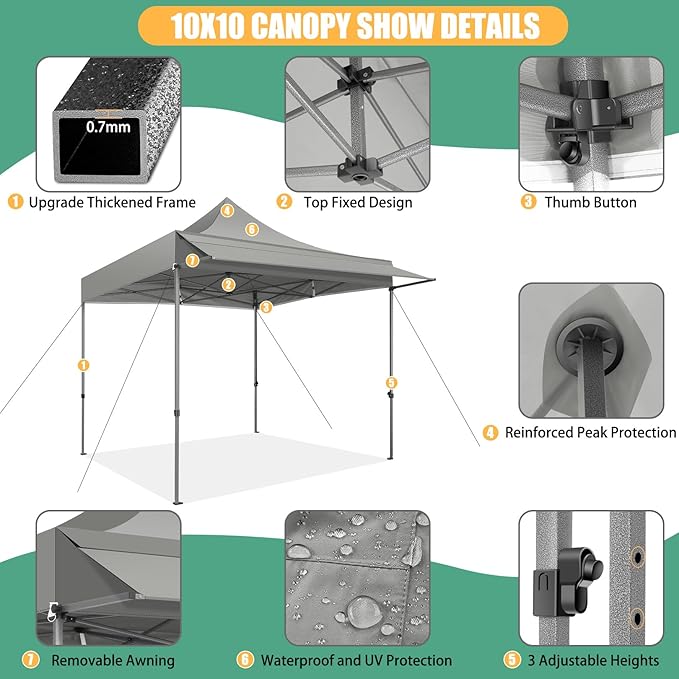 COBIZI 10x10 Pop Up Canopy Tent with Awning,Heavy Duty Canopy UPF 50+ All Season Wind Waterproof Commercial Outdoor Street Vendors Party Tents for Parties Canopy with Carry Bag(10 x 10 ft Gray)