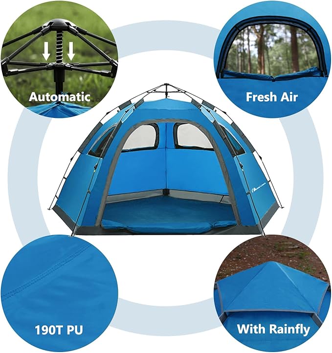 MOON LENCE Pop Up Camping Tent, 3-4 Person Portable Automatic Instant Tent Windproof for Camping, Hiking, Mountaineering