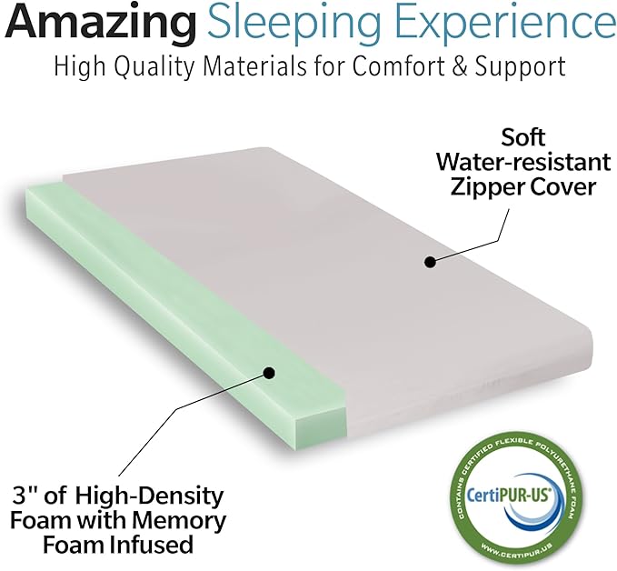 Memory Foam Camping Mattress Pad, 3 Inch Portable Roll Up Mattress Sleeping Pad for Camping, Non-Slip Bottom & Waterproof Zipper Cover for Sleepover Guest, 75"x38"x3"