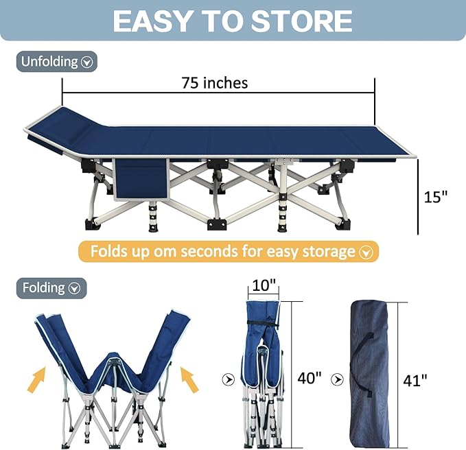 2 Pack Camping Cot with Mattress Comfortable Cots for Sleeping Sleeping Cot Folding Cot Double Layer Oxford Heavy Duty Camping Bed with Carry Bag for Home Office Nap Outdoor Travel