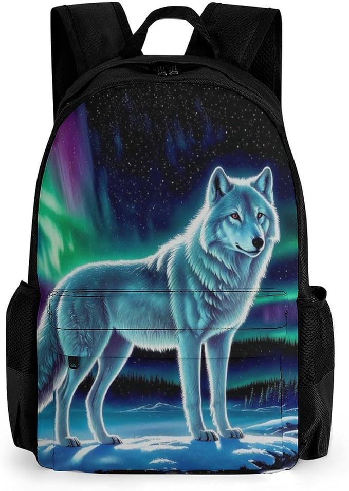 Men Women Polyester Starry Galaxy Cool Wolf Art Casual Daypack Large Capacity Carry On Bag With Adjustable Shoulder Straps for Camping Work Running