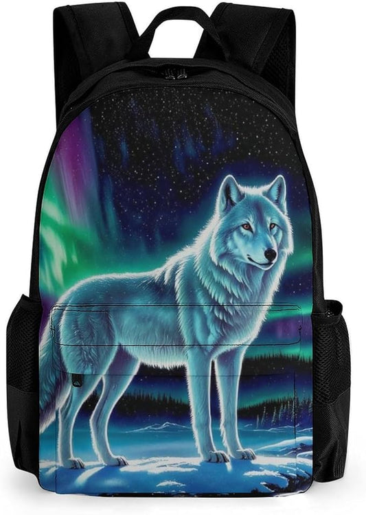 Men Women Polyester Starry Galaxy Cool Wolf Art Casual Daypack Large Capacity Carry On Bag With Adjustable Shoulder Straps for Camping Work Running