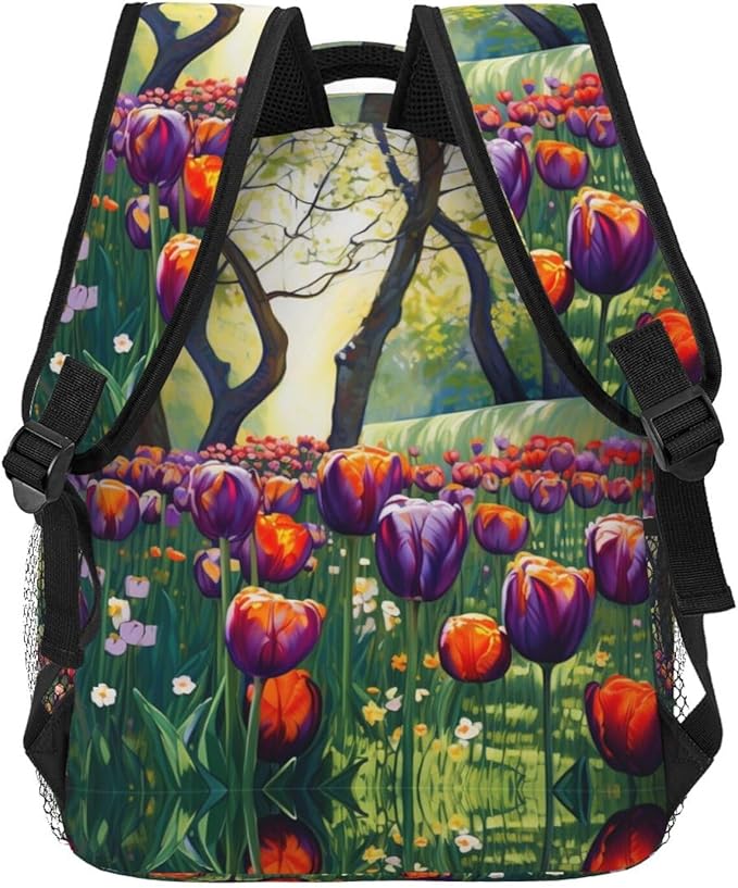 Adults Lightweight Colorful Sea Of Tulips Art Shoulder Book Bags Big Capacity Shoulder Bag With Adjustable Shoulder Straps for Trekking Work Walking Cycling
