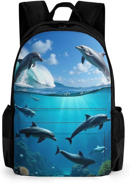 Supdreamc Polyester Daypack Backpack for Trekking Picnic Walking Cycling, Large Capacity Anti-Theft Multipurpose Shoulder Bag, Blue Sea Great Ocean Wave Jumping Dolphin Casual Daypack