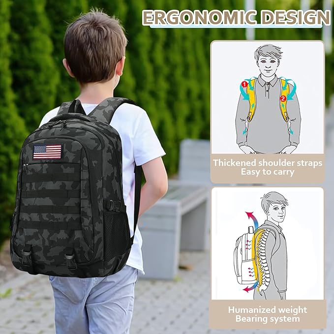 19'' Camo Backpack for Boys - Waterproof Tactical Bookbag for 15.6" Laptop Sleeve & MOLLE System for School Camping Travel