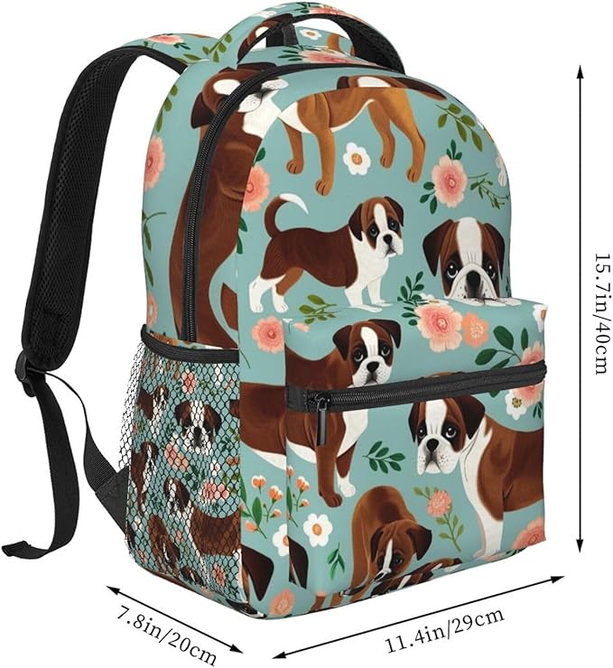 Men Women Polyester Boxer Dog Flowers Florals Mint Green Daypack Backpack Large Capacity Carry On Bag With Smooth Zippers for Hiking Picnic Walking Cycling