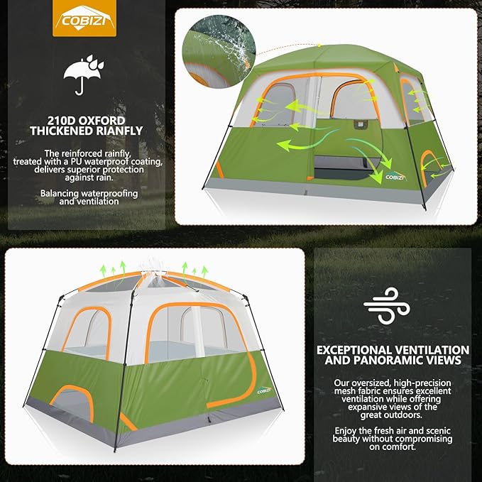 COBIZI 4-6-8-10 Person Camping Tent, Spacious Family Tents for Camping Ideal, Hiking, 3500mm Waterproof Double-Layer Windproof Tent for Hiking & Backpacking