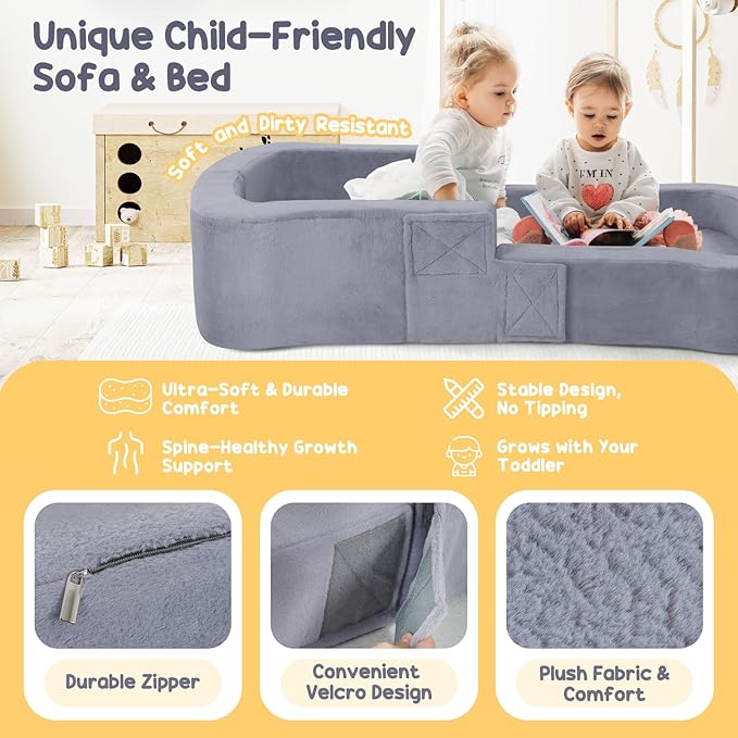 Toddler Travel Bed, 2-in-1 Foldable Portable Toddler Bed Sofa Chair, Soft Baby Kids Travel Floor Cot with Washable Covers Safety Foam Raised Bumper for Camping Hotel Sleeping (Grey)