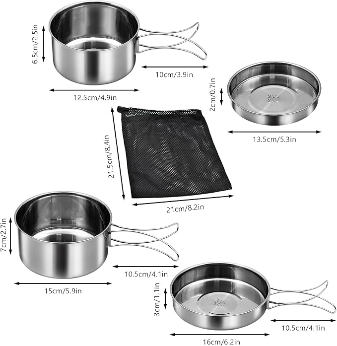 18/8 Stainless Steel Camping Cook Pot Set of 4 pcs, Camping Messware Kit, Camping Cooking Set, Backpacking Camping Cookware, Picnic Camping Cooking Mess Kit
