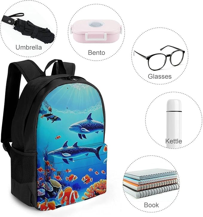 Daypack Anti-Theft Multipurpose Large Capacity Shoulder Bag, Colorful Sea Ocean World Dolphin Tropical Fishes Coral Travel Hiking Camping Rucksack With Smooth Zippers