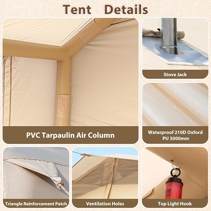 Inflatable Camping Tent with Hand Pump Waterproof Outdoor Blow up Tent 2-8 Person Oxford 4 Season Glamping Air Tent Cabin House with Mesh Windows & Door