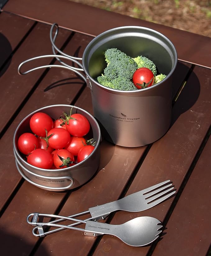 iBasingo Backpacking Cookset Titanium Camping Pots Set Ultralight Outdoor Picnic Pots Pans with Folding Handle Druable Portable Cooking Mess Kit Compact Picnic Dishes Bowls Cups (Multiple Sizes)