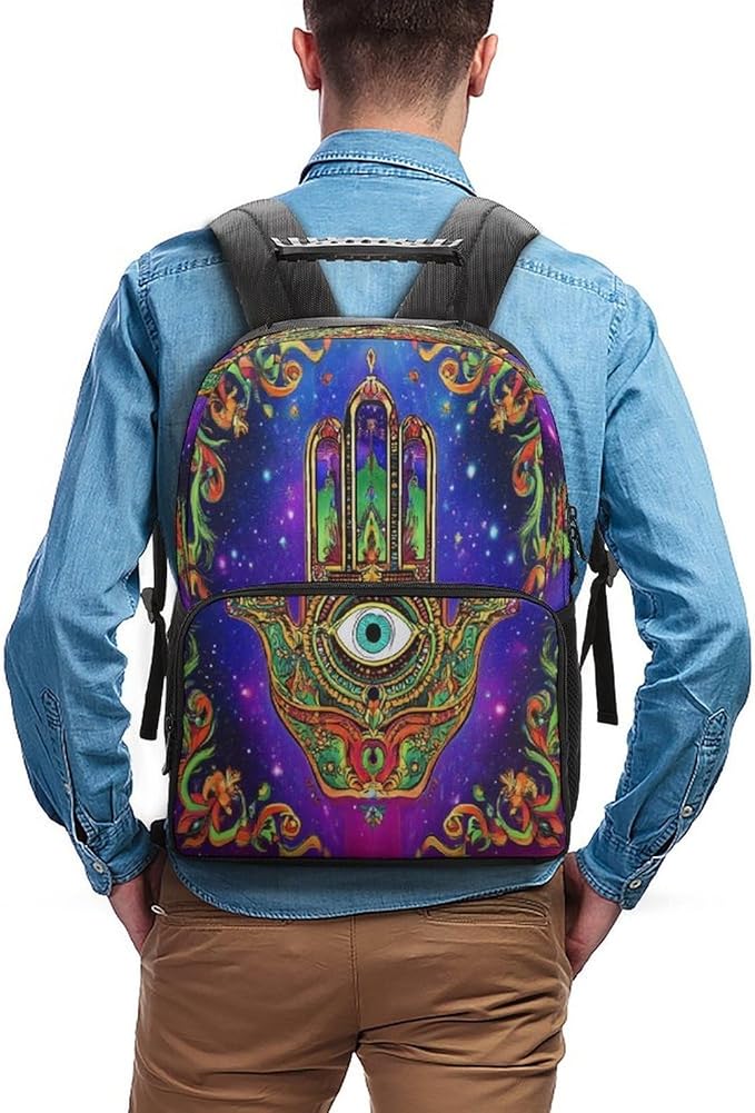 Polyester Daypack Backpack for Climbing Outdoors Running, Big Capacity Multipurpose Anti-Theft Bookbag, Colorful Eye Hamsa Hand Lotus Ethnic Indian Art Travel Hiking Camping Rucksack