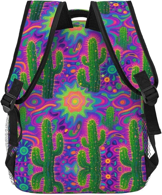 Men Women Polyester Psychedelic Cactus Art Casual Daypack Large Capacity Carry On Bag With Adjustable Shoulder Straps for Camping Work Running