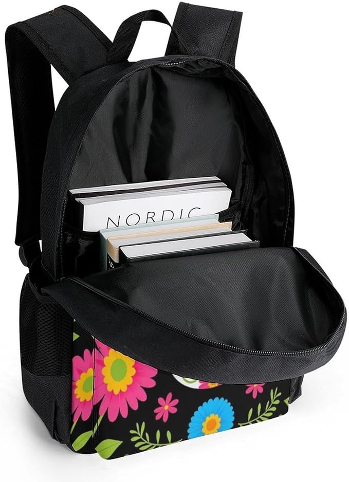 Supdreamc Backpack Polyester Anti-Theft Multipurpose Mexican Day Of Dead Flower Traditional Sugar Skull Bookbag Large Capacity Laptop Book Bag Rucksack With Side Pockets