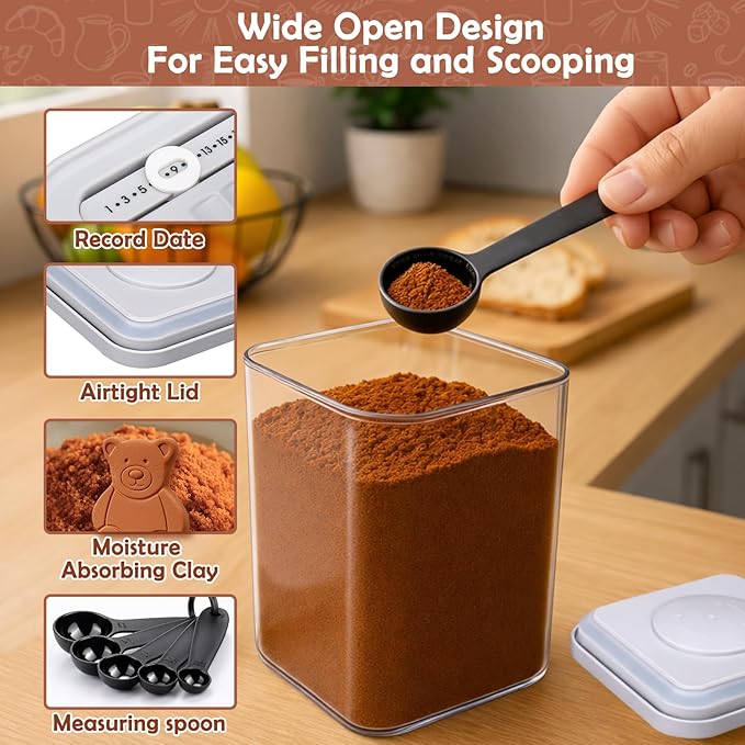 Mity rain 3Pcs Airtight Brown Sugar Container Set(2.7Qt/1.7Qt/0.85Qt) Moisture-Proof Kitchen & Pantry Brown Sugar Keeper Container Airtight Saver Storage with Locking Lid,3 brown sugar bear,3Spoon