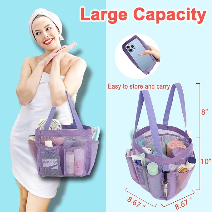 Mesh Shower Caddy Portable for College Dorm Room Essentials, 8-Pocket Large Shower Basket Tote Bag with 2 Handles for Toiletry, Bathroom, Beach, Camp, Gym