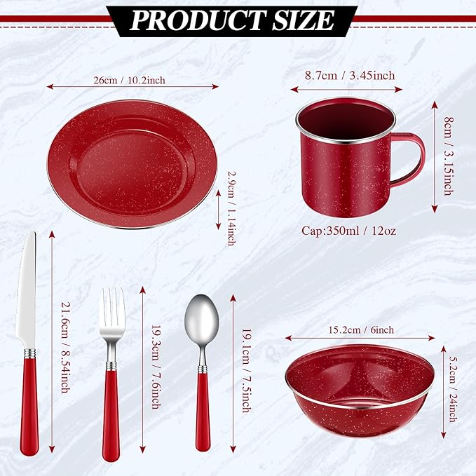 Nuogo 48 Pcs Enamel Camping Tableware Includes 12 oz Coffee Mugs 10.5 Inch Camping Plates 6 Inch Bowls and Utensils Set Includes Knife Fork Spoon for Outdoor RV(Red)