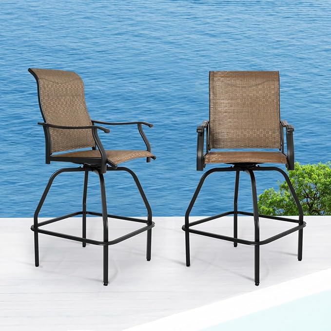 LEVELEVE Patio Bar Set 2pcs Swivel Bar Stools Outdoor Bistro Textilene Furniture Stability All-Weather Set (Dark Brown Fabric)