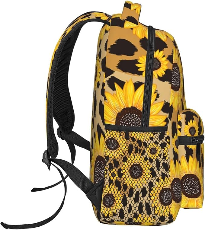 Women Men Polyester 90S Sunflower Leopard Casual Daypack Large Capacity Bookbag With Side Pockets for Sports Picnic Walking Cycling