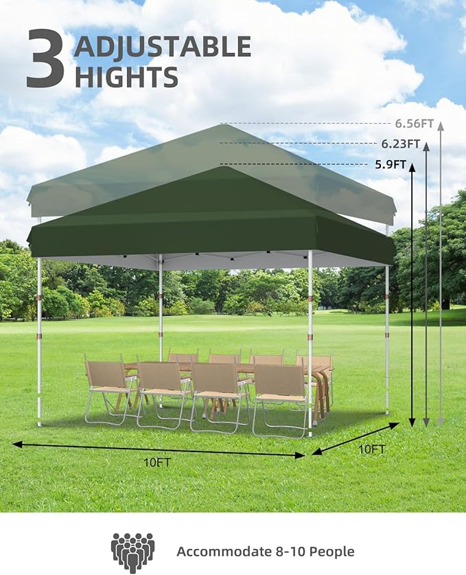 Garvee 10x10 Pop Up Canopy Tent, Heavy Duty Commercial Instant Shelter with One-Person Setup, UPF 50+ Waterproof, 100 Sq Ft Shade for Outdoor Events, Camping, Farmers Market