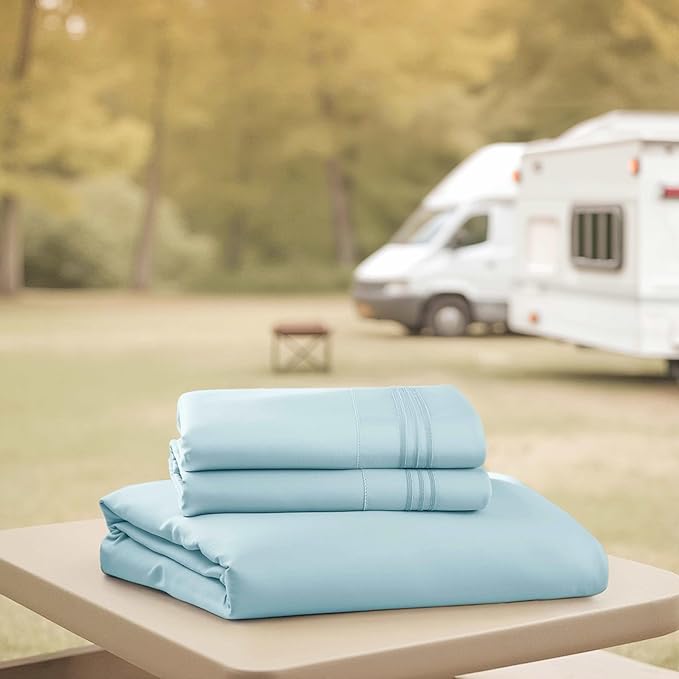Hearth & Harbor Short Queen Sheets for RV, Light Blue RV Queen Sheets, Silky Soft 1800 Microfiber Bed Sheet for Camper, 4 Piece RV Bedding with Pillowcases