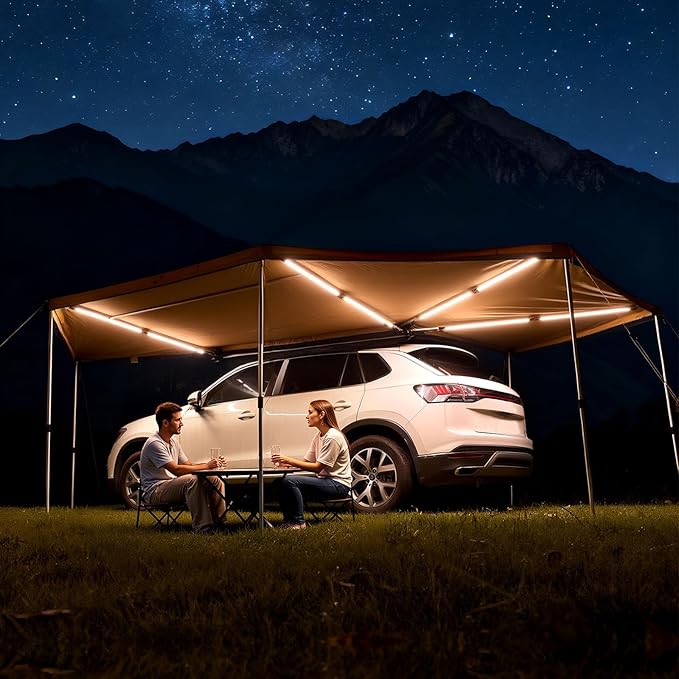VEVOR 270 Degree Awning with Bulit-in LED Lights, 117 sq.ft Driver Side Vehicle Awning, Waterproof UV50+ Car Side Awnings, All-Weather Free-Standing Overland Awnings Car Shelter for SUV Truck Camping
