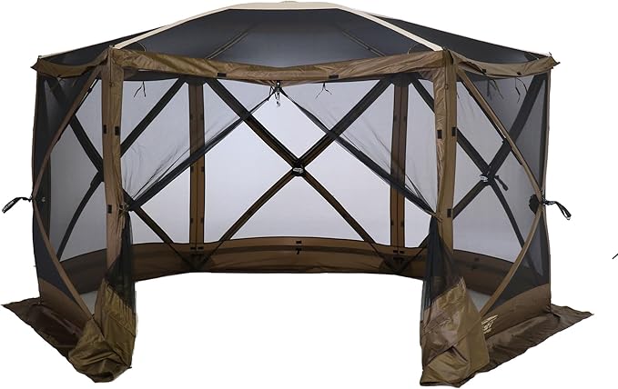 CLAM Quick-Set Escape Sky Camper 11.5’ x 11.5’ Pop-Up Outdoor Gazebo Instant Screen Tent 6-Sided Canopy Shelter w/Ground Stakes & Carry Bag, Brown