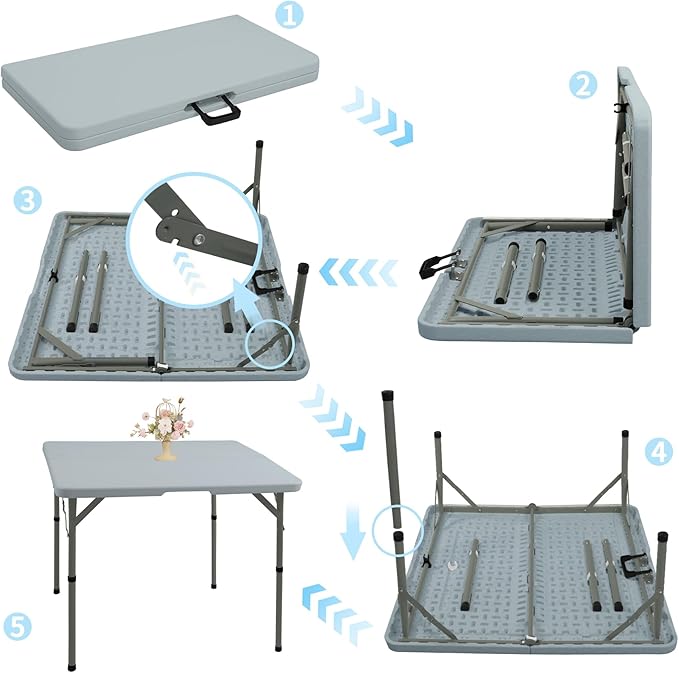 Set of 2 Square Folding Table 34in Multi-Functional Portable Folding Card Table with Carrying Handle for Indoor Outdoor Camping,Picnic, Office, Party Use HDPE Plastic Tabletop with Metal Frame(Grey)
