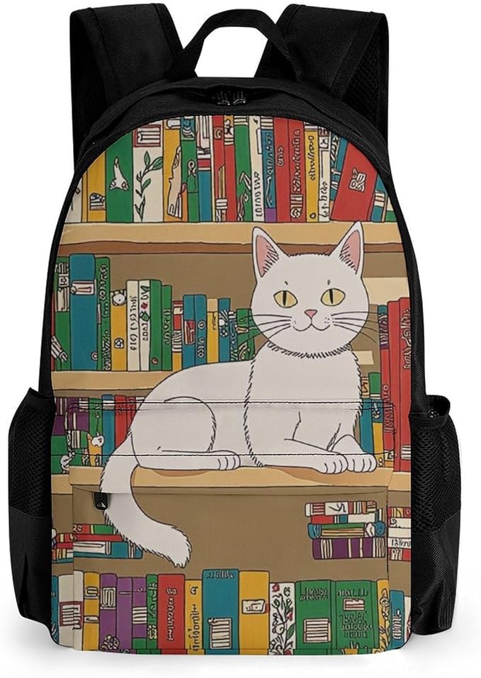 Backpack Polyester Multipurpose Anti-Theft Nerd Book Lover Kitty Sleeping Over Bookshelf In Library Shoulder Bag Big Capacity Gym Outdoor Hiking Backpack With Padded Straps
