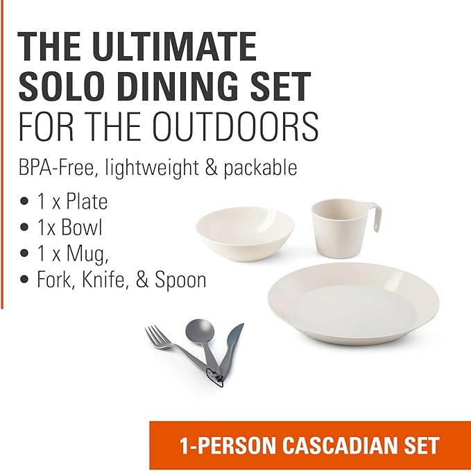 GSI Outdoors Cascadian 1 Person Table Set I 6-Piece Camping, Backpacking Mess Kit, Plastic BPA Free, Plate, Bowl, Mug, Cup & Cutlery Set