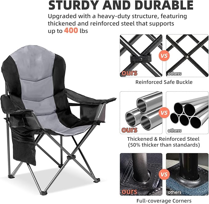 2 Pack Folding Camping Chairs for Adults - High Back Padded Outdoor Lawn Chairs with Lumbar Support & Cup Holder, 400lbs Heavy Duty Portable Camping Chairs Set (Black & Light Gray)