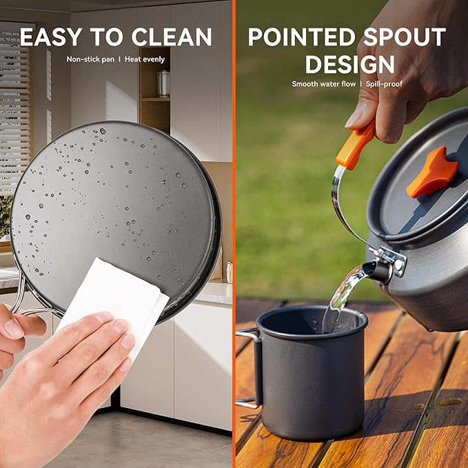 Onlyfire 14pcs Camping Cookware Mess Kit, Non-Stick Lightweight Pot Pan Kettle Set with Plates Forks Knives Spoons for Camping, Backpacking, Outdoor Cooking and Picnic CT604