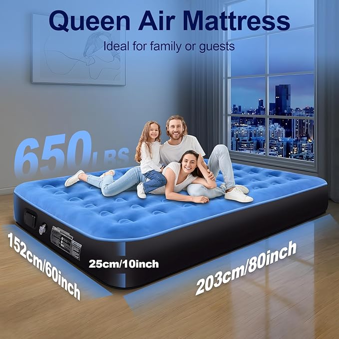 Queen Air Mattress with Built in Pump, 48Hr Leak-Proof Test, 3 Mins Quick Self-Inflation, Flocked Top Airbed with Carry Bag for Home, Camping, Honeycomb Pillar Design, Supports 650 lbs