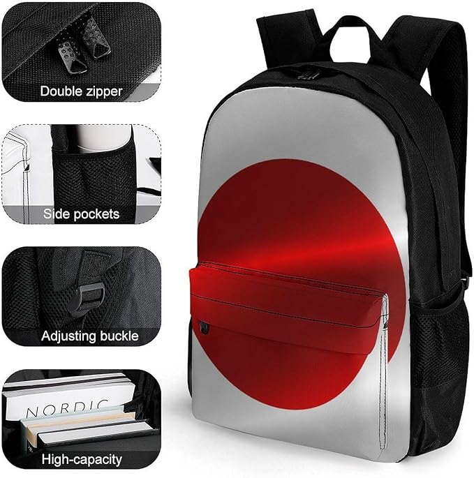 Polyester Daypack Backpack for Sports Travel Running, Big Capacity Anti-Theft Multipurpose Carry On Bag, Flag Of Japan Laptop Book Bag Rucksack