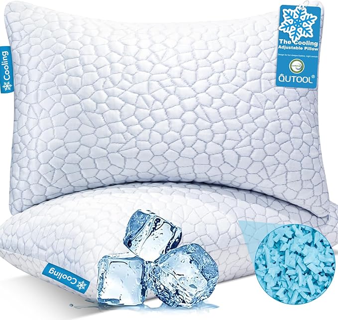 QUTOOL Cooling Bed Pillows for Sleeping Shredded Memory Foam King Pillows 2 Pack Gel Pillows King Size Set of 2, Support Yet Soft Adjustable Pillow for Side, Back Sleepers