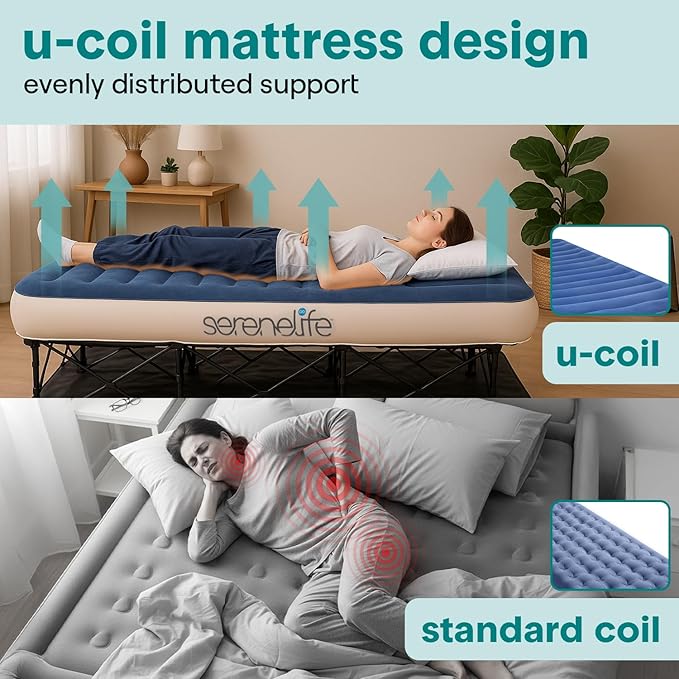 SereneLife (Twin) EZ Bed Air Mattress with Frame and Rolling Case - 3 Min Self Inflating Air Bed with Upgraded U-Coil Mattress and Premium Soft Flocked Top, Wall Plug AC Powered Inflate and Deflate