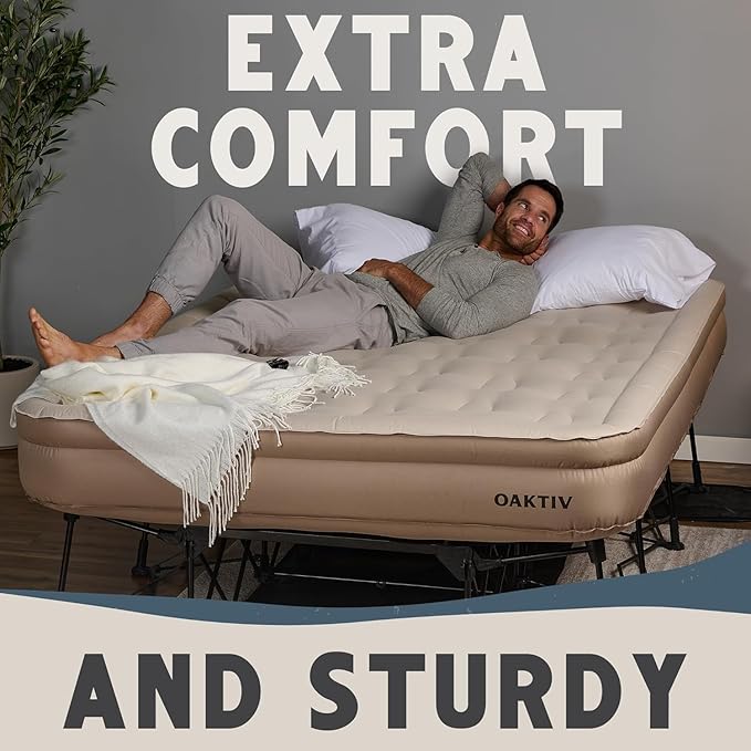 Queen Air Mattress with Frame, Self Inflating/Deflating Blow Up Bed for Adults - PeakRest Camping Cot with Mattress - Portable Queen Size with Travel Rolling Case on Wheels