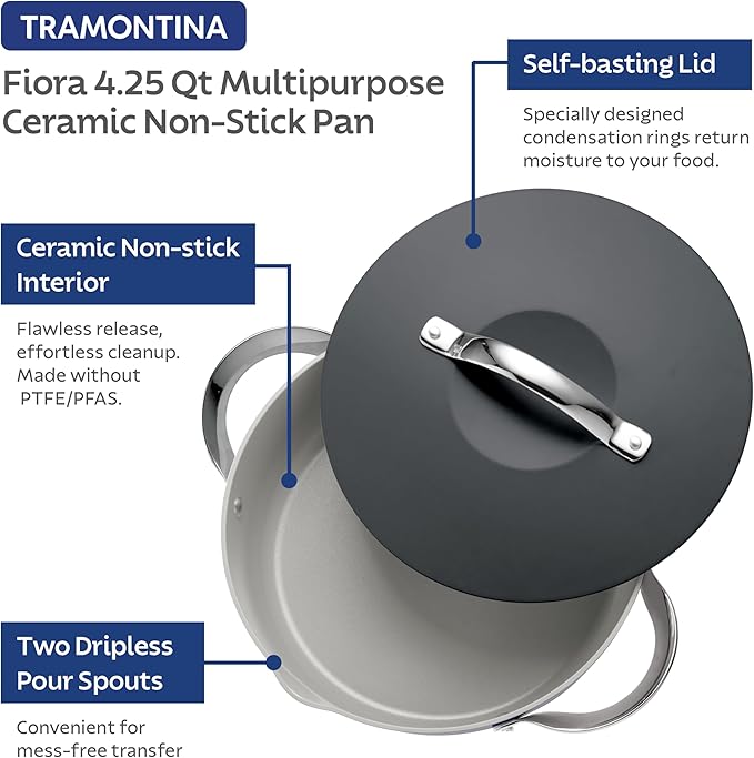 Tramontina Fiora 4.25-Quart Multipurpose Ceramic Non Stick Cooking Pan with Lid, Gray