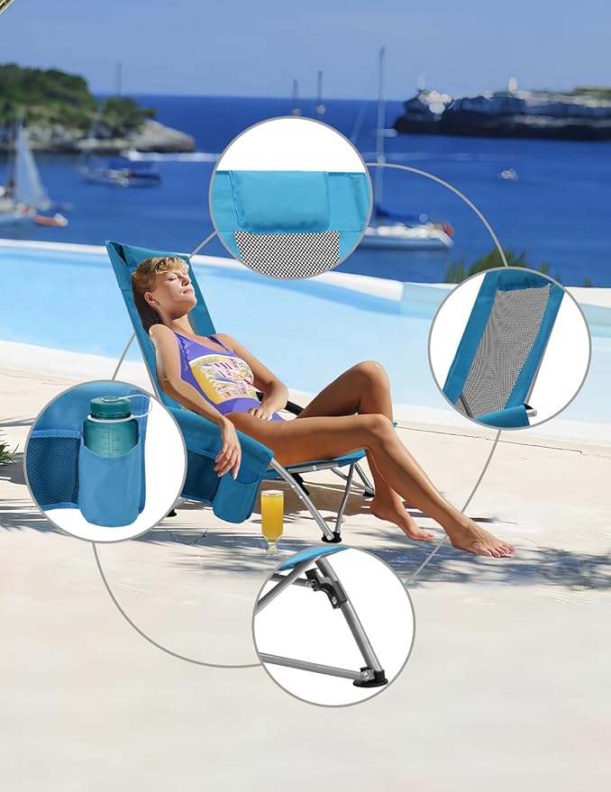 BDL Low Beach Chairs for Adults 2 Pack, Portable Lightweight Folding Chair Cup Holder & Carry Bag, Set of 2 Folding Beach Chair for Outdoor, Sand, Camping, Concert, Travel（Blue）