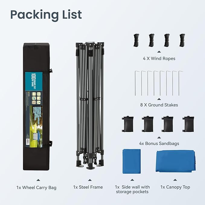 PHI VILLA Canopy Tent 10x10 Pop Up Canopy Outdoor Shade with Pockets Sidewall, Easy Up Sun Shelter with One Person Set Up Center Lock, Portable Instant Camping Beach Canopy Tents, Blue