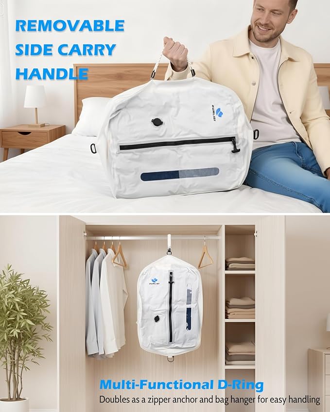 Zurligi Travel Vacuum Compression Bags with Removable Handle & Mini Pump – 39L Reusable IPX8 Waterproof Vacuum Packing Cubes, Vacuum Seal Bags for Clothes, Suitcase & Backpack(1-Pack White)