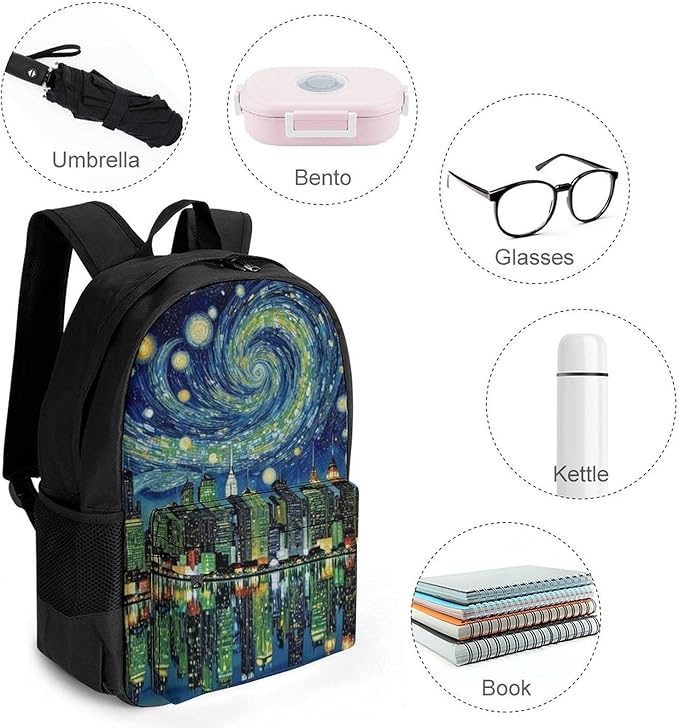 Supdreamc Adults Lightweight Chicago City Skyline Night View Starry Sky Painting Rucksacks Large Capacity Bookbag With Adjustable Shoulder Straps for Trekking Outdoors Bicycle