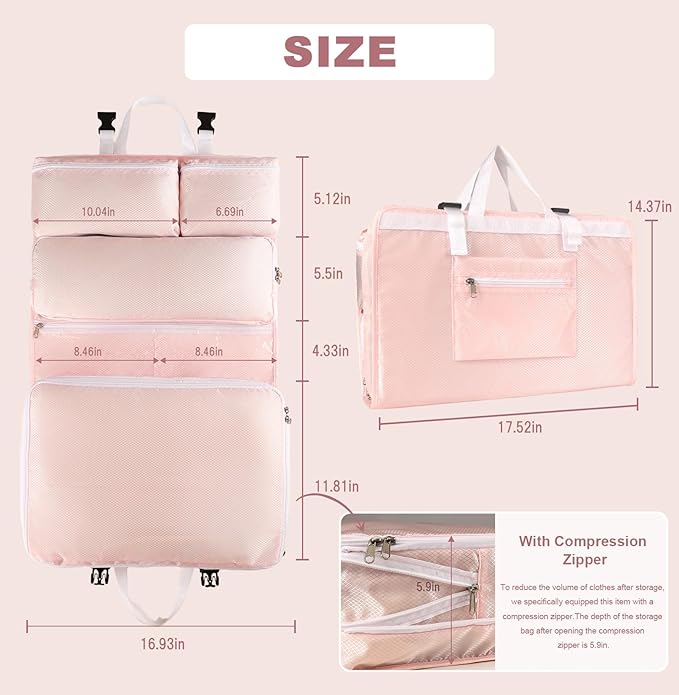 TABITORA Travel Clothes Organizer Portable Hanging Compression Packing Cubes Camp Organizer Travel Cases Suitcase Storage Large Capacity Carry On Closet (Pink)